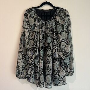 Lane‎ Bryant Floral Chiffon Peasant Blouse 18/20 Sheer Boho Long Sleeve Black